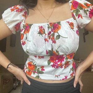 Floral White Balloon Sleeved Top