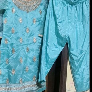 Blue Embriodey Kurta Pant Duptta Set