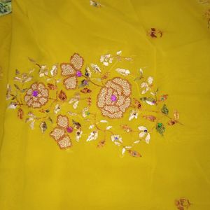 Thread Work Biscuit Yellow Saree