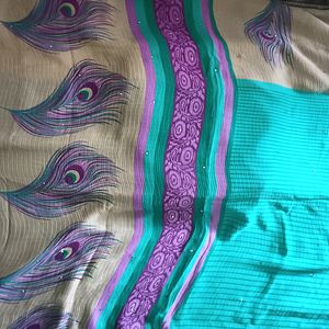 Chiffon Violet And Green Colour Saree