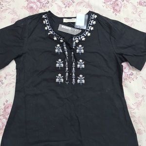 Branded Black Flower embroidery Cotton Top