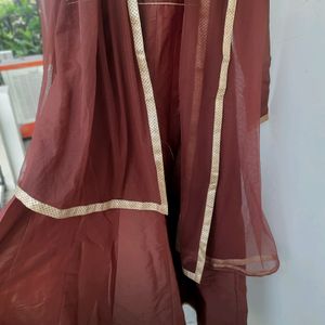 Brown Gown With A Front Slit And Dupatta Set