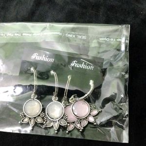 Grey And Pink Stone Studs 2 Pair