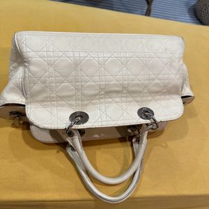 Auth Dior Cream Leather Cannage Top Handle Bag