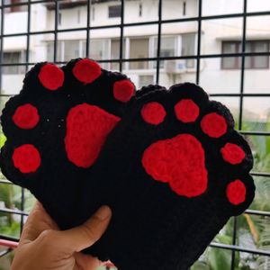 Crochet Black - Red Catpaw Gloves