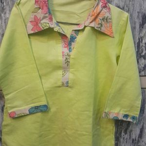 Lime Yellow Kurti With Multi Color Collared Neck