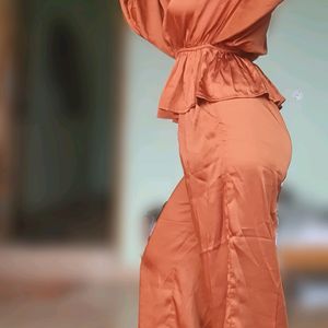 Rust Color Satin Kaftan Top Co-ord Set