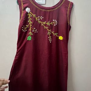 Maroon Embroidered Sleeveless Straight Summer Wear