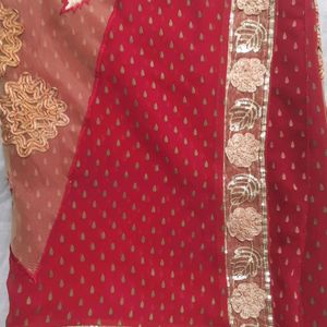 Red Block Buti Saree With Net And Siquence Border