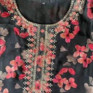 Floral Black Suit with Embroidered Neckline