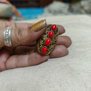 Pure Brass Antique Ring With Original Coral Stones