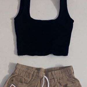 Two Piece Set!:black Singlet Top,Beige Cargo Denim