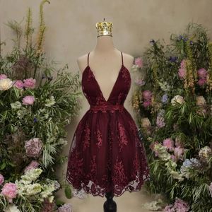 V neck tulle lace short wine colored prom dresses,