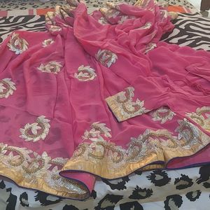 Pink Pure Georgette Gota Patti Saree