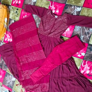 Maroon Flared Frock Pant With Dupatta..
