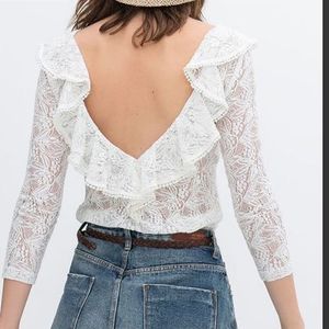 Zara Lace Mesh Backless Frill Fullsleeves Top