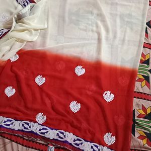 A Saree Half In Off White And rest Red