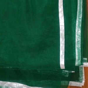 Net Green Dupatta With Silver Border