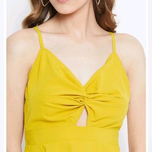 Today's Offer ₹150 Berrylush Women Solid Yellow Front Twist Knot Fit & Flare Mini Dress For Women (Mustard Colour)