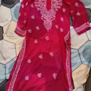 Handmade Chikankaari Suit In Pink/Magenta Colour With Inner