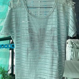 Rhinestones Stone Stutted Light Blue Sheer Top