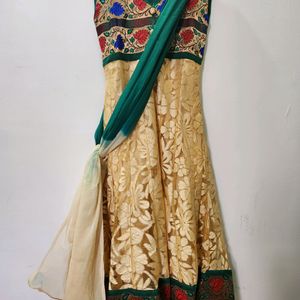 Gown With Dupatta - Green & Cream