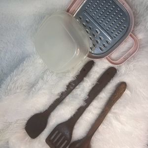 Wooden Spoons And Grater With Lid