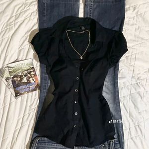 Y2K office siren ruched black shirt (UNUSED)