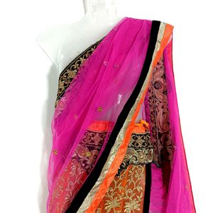 Rose Pink & Orange Lehenga Style Saree (Women)