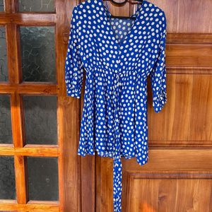 Zara Polka Dot Tie At Waist Dress