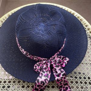 Blue Hat With pink Animal print Ribbon