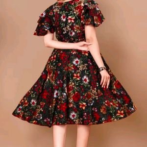 Women Black Nd Red Floral Print Layered Dress