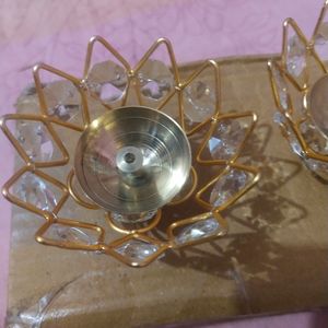 Lotus Brass Nd Crystal Diya Set Of 2 For Pooja