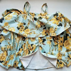 Blue Off Shoulder Crop Top With Yellow Floral Prin