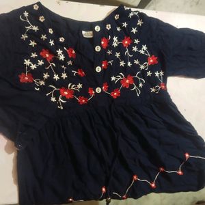 Casual Bell Sleeves Embroidered Navy Blue Top