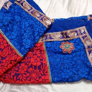 Designer Blue Red Saree (Women)