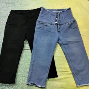 Black And Blue Denim Capri