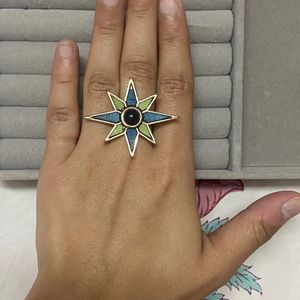 Blue & Green Flower Ring With Gold Finish