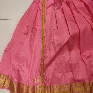 Pink Silk Paavadai With Gold Zari Border