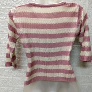 Pink And White Striped Woolen Top