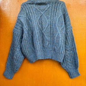 Blue Korean Cropped Pullover With Yellow Threads