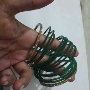 14 Pcs Of Velvet Green Bangles With 2 Kangans