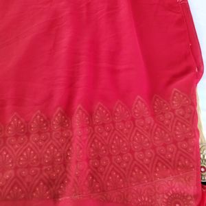 Cream And Red Embroidery Printed Saree (Women)