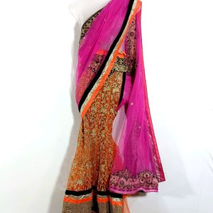 Rose Pink & Orange Lehenga Style Saree (Women)