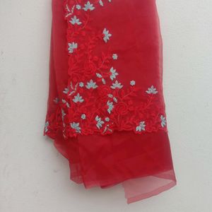 New Red Organza Saree With Unstitched Blouse