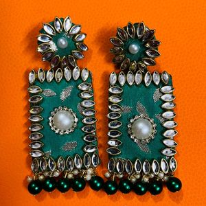 Fancy Fabric Earrings Colour Green Party Wear Earr