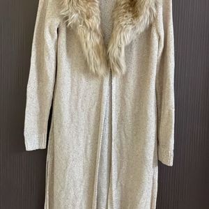 Elegant Long Length Cardigan With Fur Collar