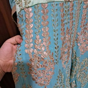 Turquoise Anarkali With lehenga gota Patti