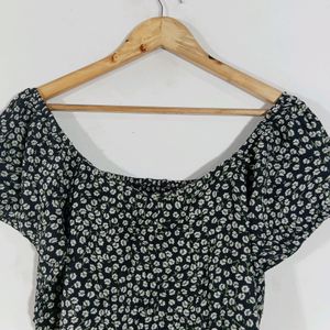 Black Printed Casual Ruched Top (Women)