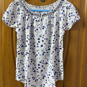 White Blue Printed Top